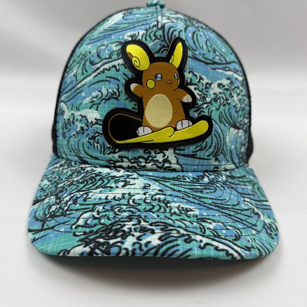 Pokemon Center Alolan Raichu Surfing Great Wave Trucker Hat Snapback Blue Black